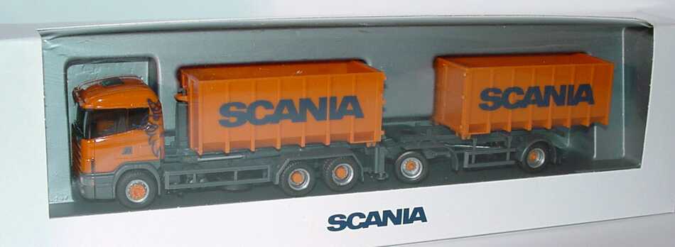 Foto 1:87 Scania R124 AbrollmuldenHgz 3/2 Scania dunkelorange Werbemodell herpa