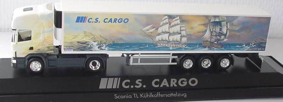 Foto 1:87 Scania R124 Topline Kühlkoffersattelzug C. S. Cargo Motiv Segelschiffe - herpa 120227