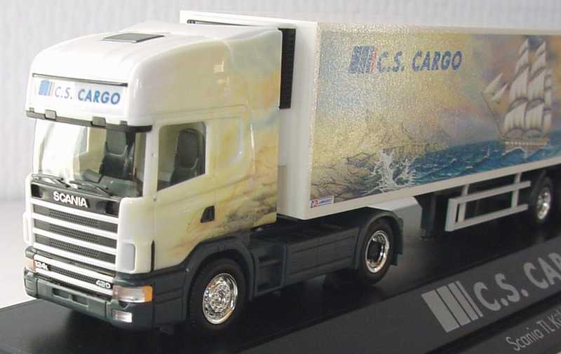 Foto 1:87 Scania R124 Topline Kühlkoffersattelzug C. S. Cargo Motiv Segelschiffe - herpa 120227