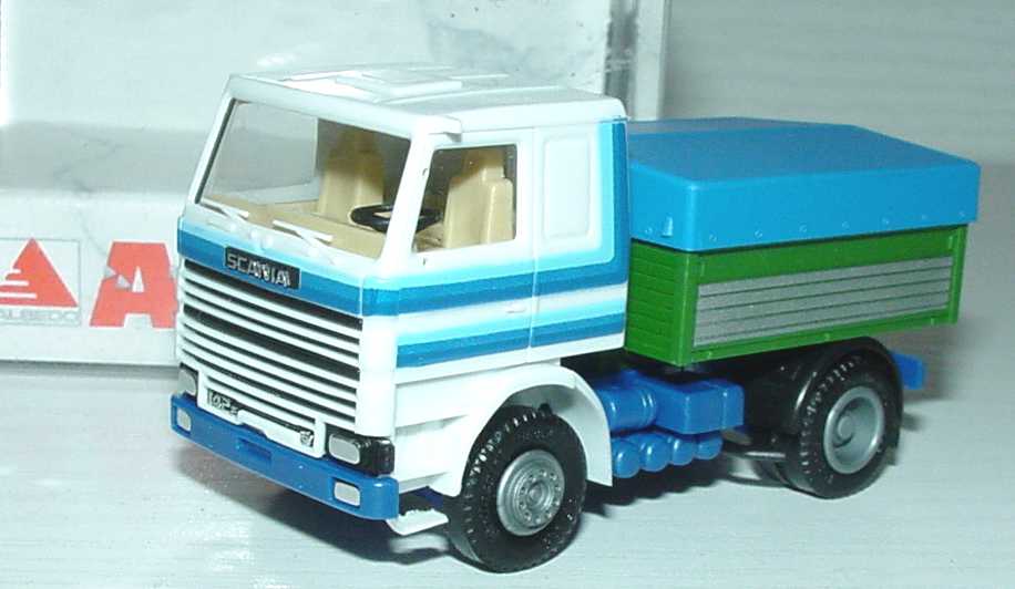 Foto 1:87 Scania R142 2a Szgm mit Ballastbrücke weiß mit Scania-Design (Schausteller-Zugmaschine) Albedo