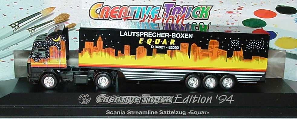 Foto 1:87 Scania R143 Topline Fv KoSzg Cv 2/3 Equar Lautsprecher-Boxen (Creative Truck Edition 1994) herpa 174398