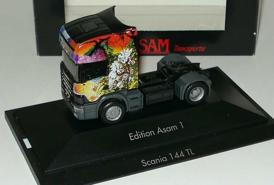 Foto 1:87 Scania R144 Topline Fv 2a Szgm Asam, Airbrush-Design Maya herpa 189422