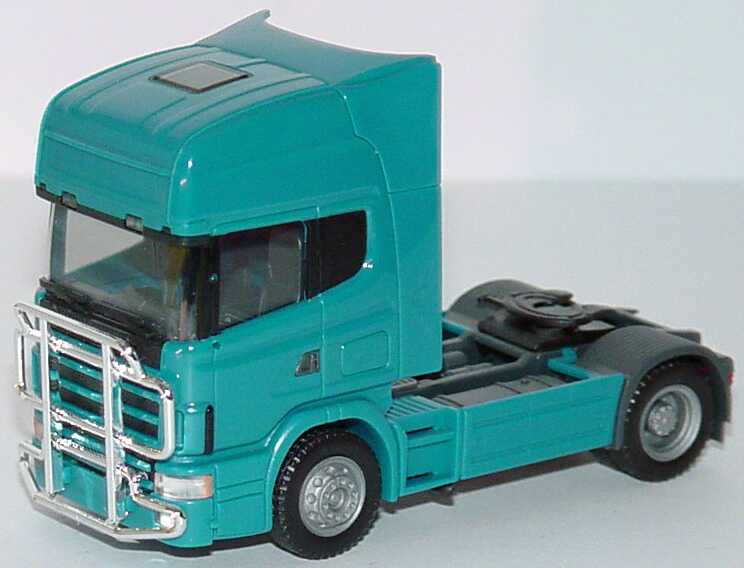 Foto 1:87 Scania R144 Topline 2achsige Sattelzugmaschine türkis mit Kuhfänger - herpa