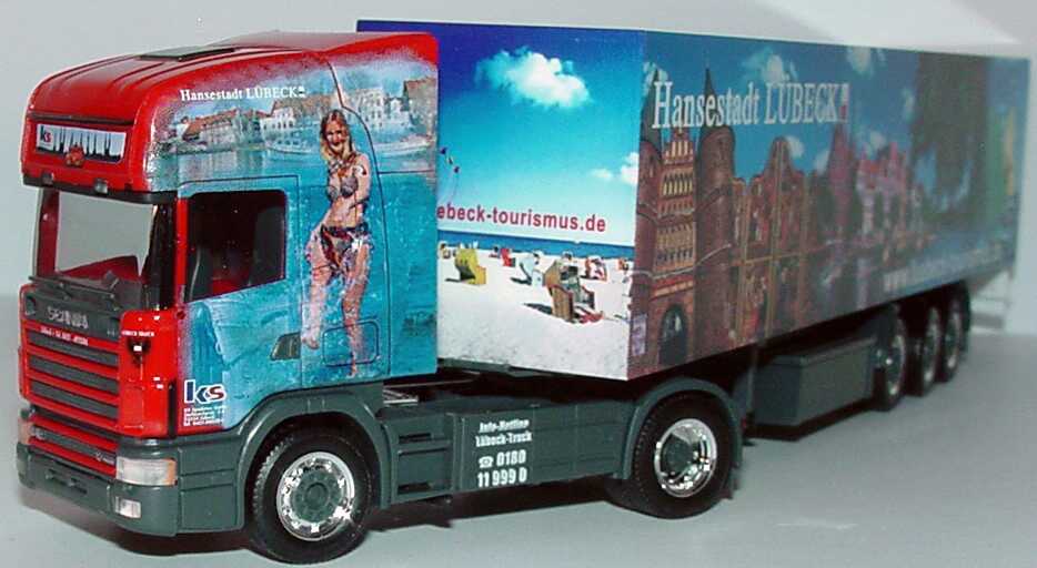 Foto 1:87 Scania R164 Topline Fv Cv KoSzg 2/3 KS Spedition GmbH, Hansestadt Lübeck, Travemünde Showtruck herpa 150170
