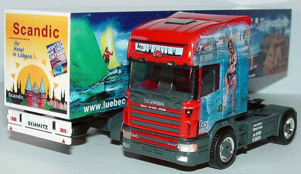 Foto 1:87 Scania R164 Topline Fv Cv KoSzg 2/3 KS Spedition GmbH, Hansestadt Lübeck, Travemünde Showtruck herpa 150170