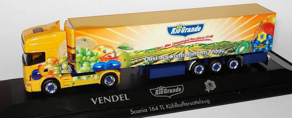 Foto 1:87 Scania R164 Topline Fv Cv KükoSzg 2/3 Vendel, Edeka / Rio Grande - Obst aus kontrolliertem Anbau herpa 120531