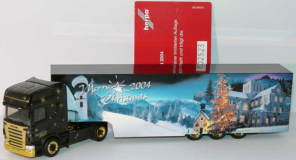 Foto 1:87 Scania R 580 Topline Fv Cv KoSzg Cv Merry Christmas 2004 Weihnachtsmodell  (Auflage 3700 Stück, mit Zertifikat) herpa 150620