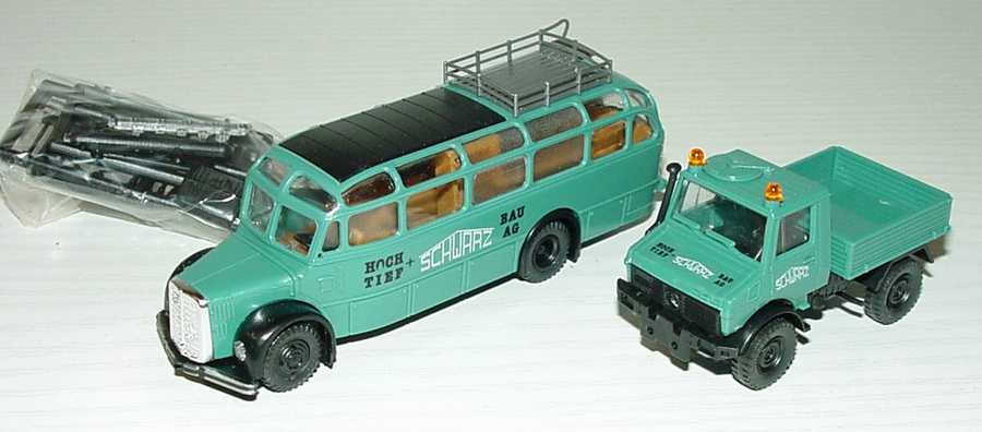 Foto 1:87 Schwarz Bau AG Set-Packung (Unimog + Saurer Komet Werkstattbus) Roco 1526