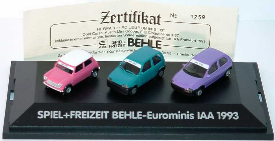 Foto 1:87 Spiel+Freizeit Behle-Eurominis IAA 1993 (Mini Cooper pink + Fiat Cinquecento türkis + Opel Corsa 3türig lila) in 3er-PC-Box herpa 167987