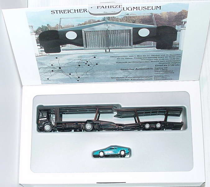 Foto 1:87 Streicher Automobile (MB SK (K) AutotransportHgz 2/2 schwarz + Ferrari Testarossa türkis) herpa