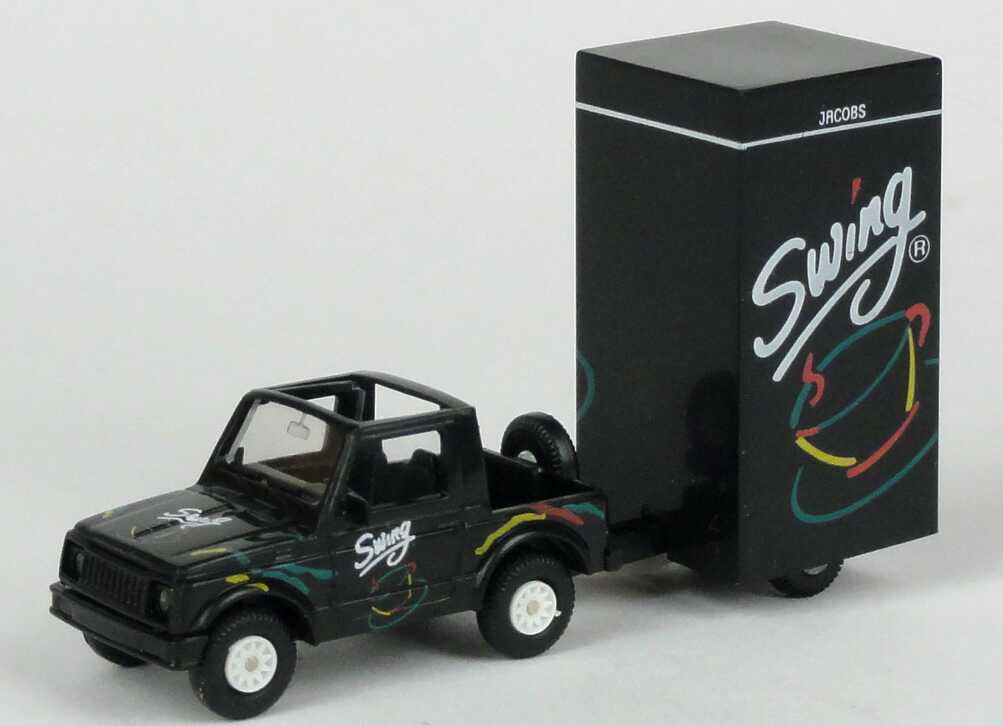 Foto 1:87 Suzuki SJ 410 Cabrio mit Promotion-Anhänger Jacobs Kaffee Swing Rietze 80160