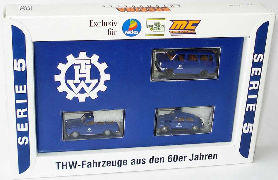 Foto 1:87 THW-Setpackung Serie 5 THW-Fahrzeuge aus den 60er Jahren (VW 1200 Käfer + VW 1500 Variant + Ford Transit Kombi) Brekina 90385