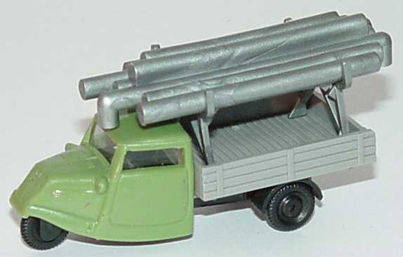 Foto 1:87 Tempo Hanseat Pritsche mit Transportgestell und Ofenrohren patinagrün/grau Praliné