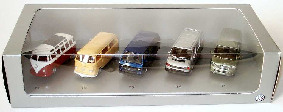 Foto 1:87 VW-Setpackung 60 Jahre Transporter T1 - T5 Werbemodell Wiking 7H5099301041