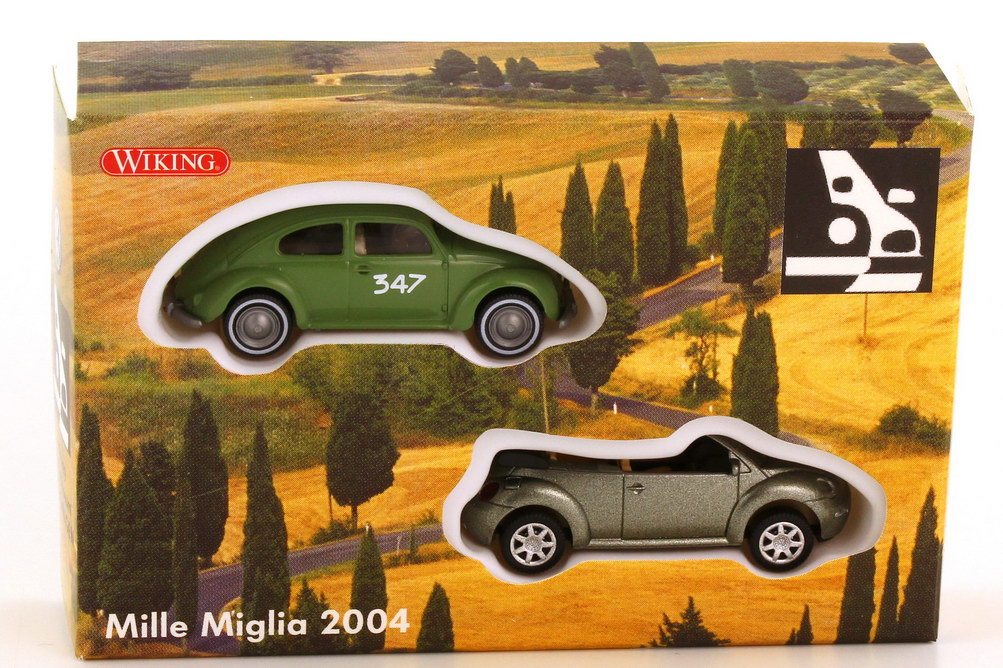 Foto 1:87 VW-AutoMuseum-Setpackung Mille Miglia 2004 (Brezel-Käfer Mille Miglia 1954 Nr.347, Strähle + Beetle Cabrio cedergrün) Werbemodell Wiking