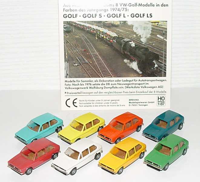 Foto 1:87 VW Golf I-Setpackung 25 Jahre VW-Golf (8x VW Golf I 2türig (altrot + himmelblau + altweiß + gelb + orange + rot + grün + perolblau) Brekina 90352