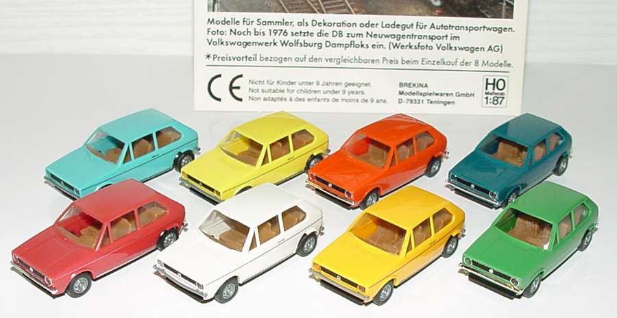 Foto 1:87 VW Golf I-Setpackung 25 Jahre VW-Golf (8x VW Golf I 2türig (altrot + himmelblau + altweiß + gelb + orange + rot + grün + perolblau) Brekina 90352