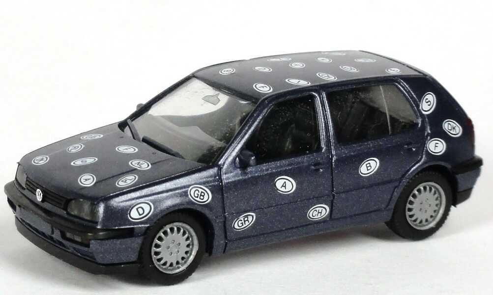 Foto 1:87 VW Golf III GL 4türig dunkelblau-met. mit Länderkennzeichen Dankeschön Europa (Felgen nicht original) herpa