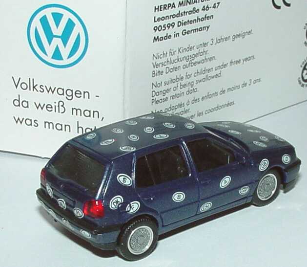 Foto 1:87 VW Golf III GL 4türig dunkelblau-met. mit Länderkennzeichen Dankeschön Europa Werbemodell herpa