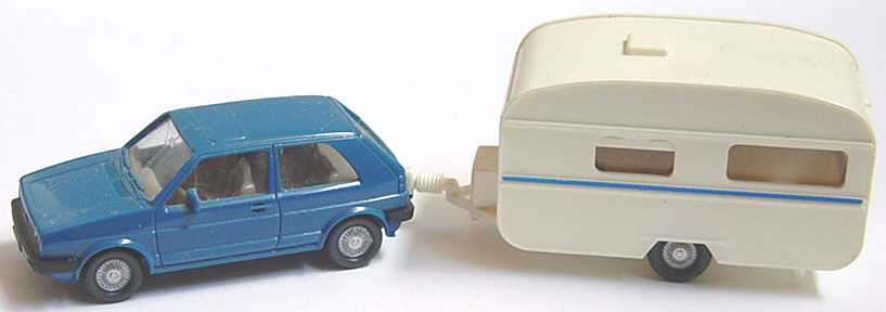 Foto 1:87 VW Golf II 2türig blau mit Wohnanhänger 1achsig Wiking 063