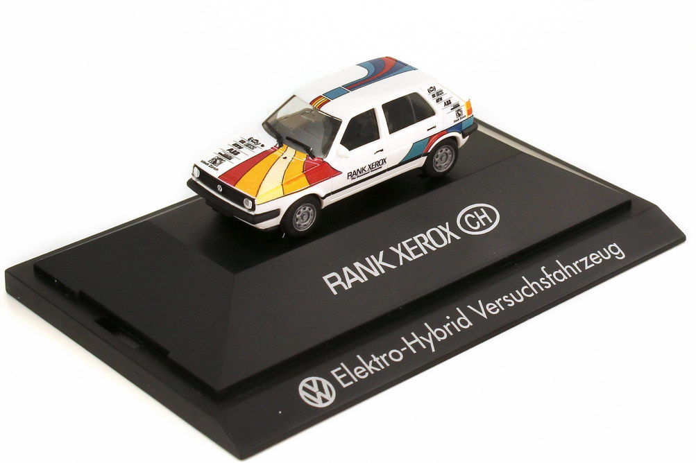 Foto 1:87 VW Golf II 4türig Elektro-Hybrid Versuchsfahrzeug Rank Xerox Schweiz herpa 089005