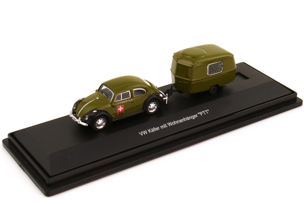 Foto 1:87 VW Käfer 1300 mit Hymer Eriba Puck Wohnanhänger PTT olivgrün Post Schweiz Schuco