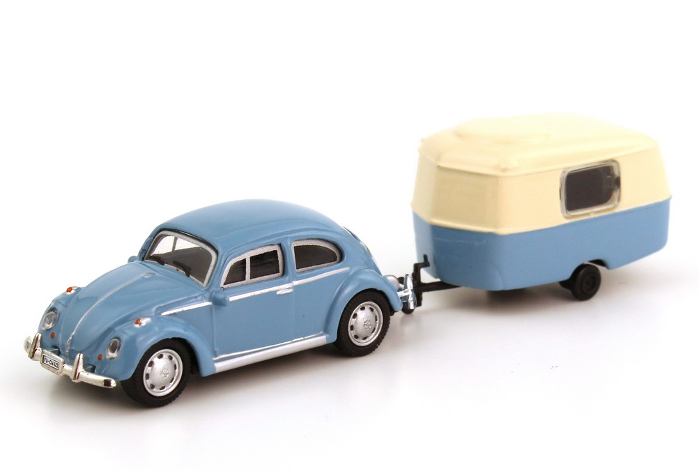 Foto 1:87 VW Käfer 1300 blau mit Hymer Eriba Puck Wohnanhänger blau/beige Schuco 21710
