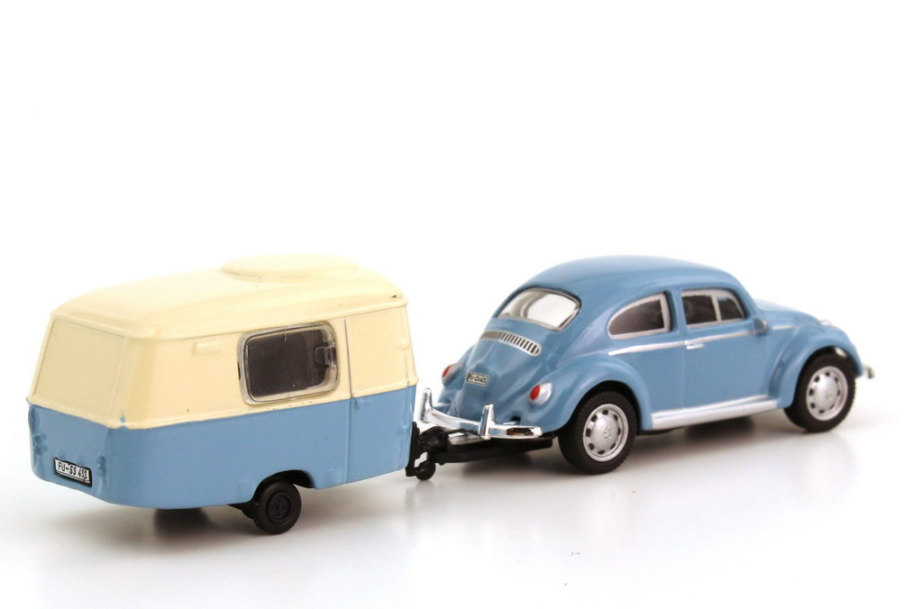 Foto 1:87 VW Käfer 1300 blau mit Hymer Eriba Puck Wohnanhänger blau/beige Schuco 21710