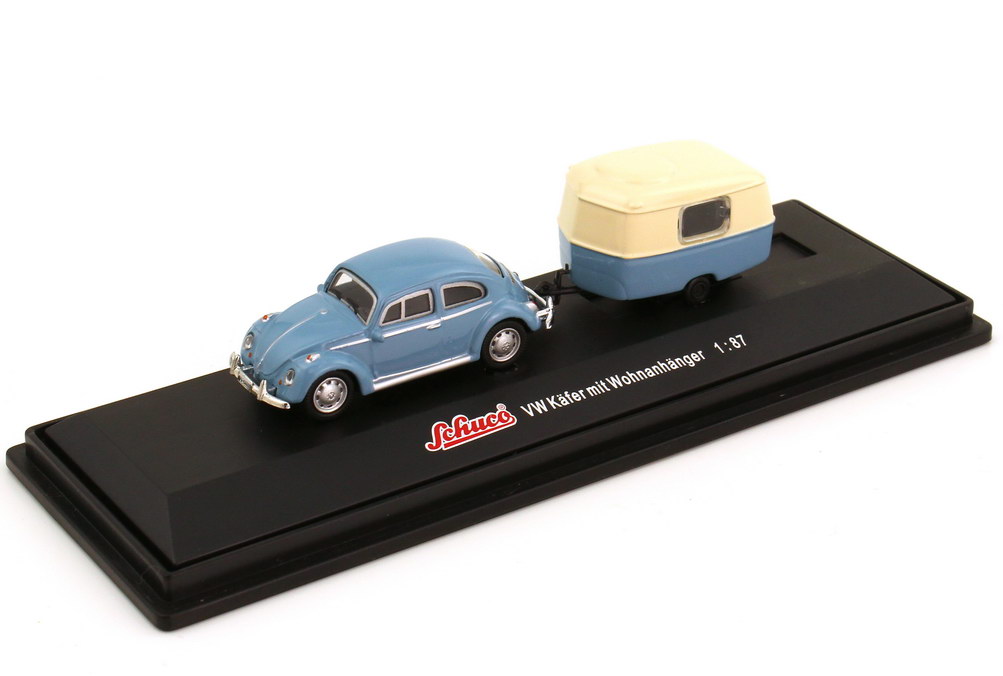Foto 1:87 VW Käfer 1300 blau mit Hymer Eriba Puck Wohnanhänger blau/beige Schuco 21710