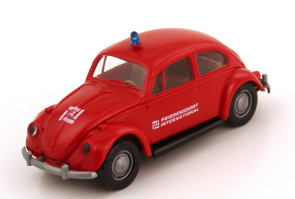 Foto 1:87 VW Käfer 1300 (Modell 1957-1964, Rechteckkäfer) Feuerwehr ELW Friedensdorf International rot Brekina 9114