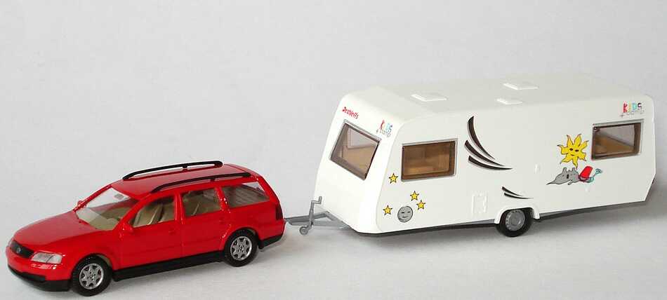 Foto 1:87 VW Passat ´97 Variant rot mit Dethleffs Wohnwagen Kids + Camp Wiking 0630135