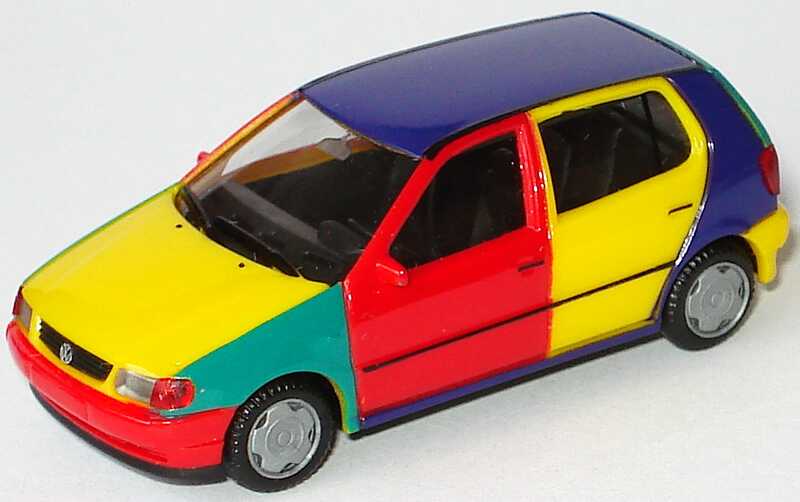 Foto 1:87 VW Polo 4türig Harlekin (blaues Dach, gelbe Haube) Werbemodell herpa 95166