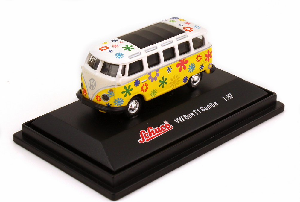 Foto 1:87 VW T1 Bus Samba Hippie / Flower Power weiß/gelb Schuco 21887