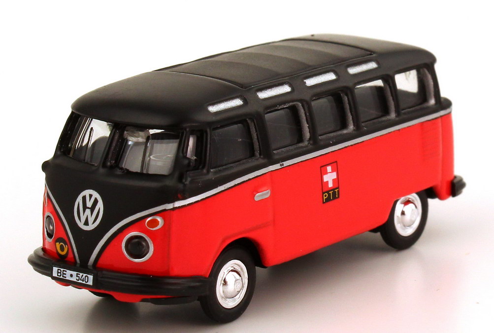 Foto 1:87 VW T1 Bus Samba PTT Poast Schweiz rot/schwarz Schuco 25401
