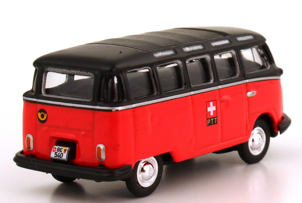 Foto 1:87 VW T1 Bus Samba PTT Poast Schweiz rot/schwarz Schuco 25401