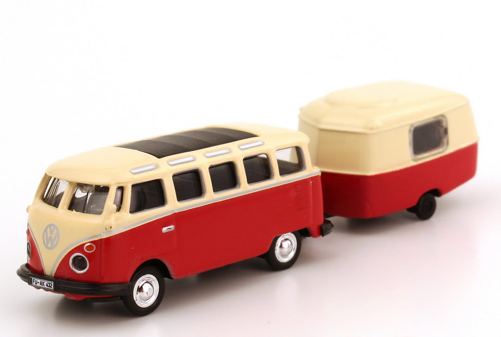 Foto 1:87 VW T1 Bus Samba mit Hymer Eriba Puck Wohnanhänger beige/rot Schuco 21690