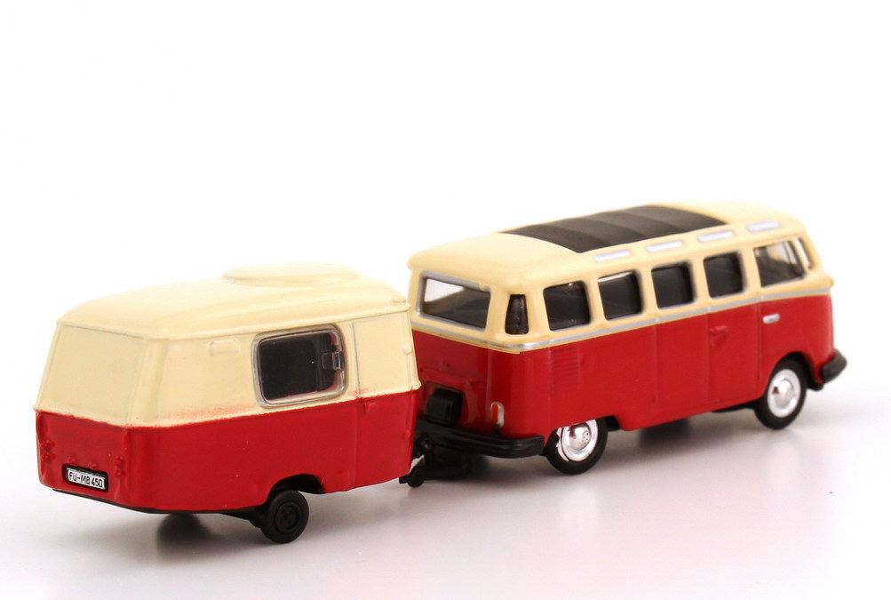 Foto 1:87 VW T1 Bus Samba mit Hymer Eriba Puck Wohnanhänger beige/rot Schuco 21690