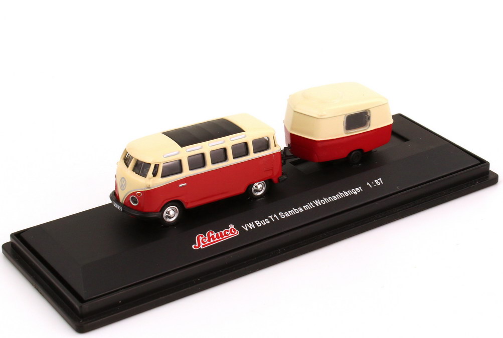 Foto 1:87 VW T1 Bus Samba mit Hymer Eriba Puck Wohnanhänger beige/rot Schuco 21690