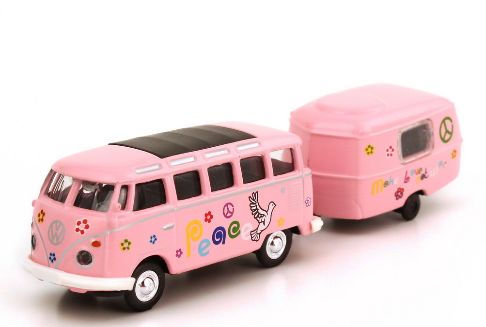 Foto 1:87 VW T1 Bus Samba mit Hymer Eriba Puck Wohnanhänger rosa Love and Peace Schuco 25446