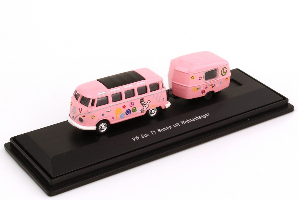 Foto 1:87 VW T1 Bus Samba mit Hymer Eriba Puck Wohnanhänger rosa Love and Peace Schuco 25446