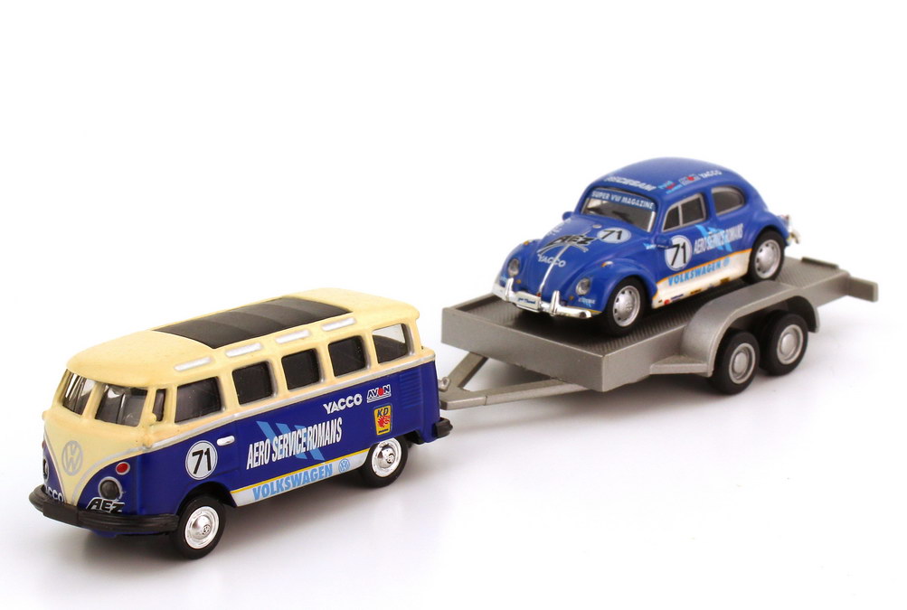 Foto 1:87 VW T1 Bus Samba mit VW Käfer auf Trailer Beetle Cup Team Aero Services Romans Nr.71 Schuco 25063