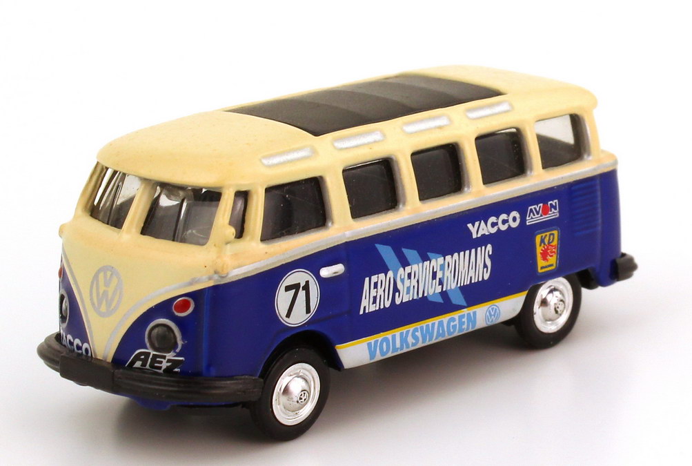 Foto 1:87 VW T1 Bus Samba mit VW Käfer auf Trailer Beetle Cup Team Aero Services Romans Nr.71 Schuco 25063