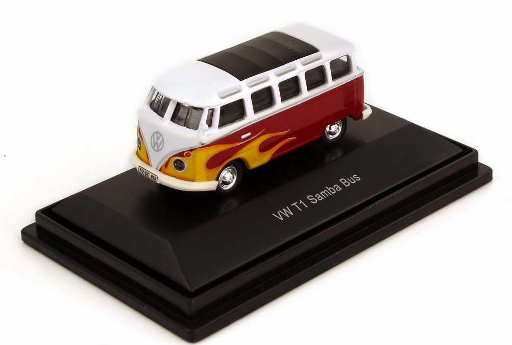 Foto 1:87 VW T1 Bus Samba rot weiß mit Flammen-Dekor - Schuco 25448