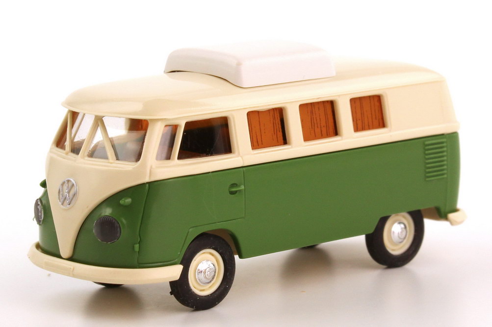 Foto 1:87 VW T1 (T1b) Camping-Bus Camper Hubdach flach reseda-grün/beige Brekina 31515