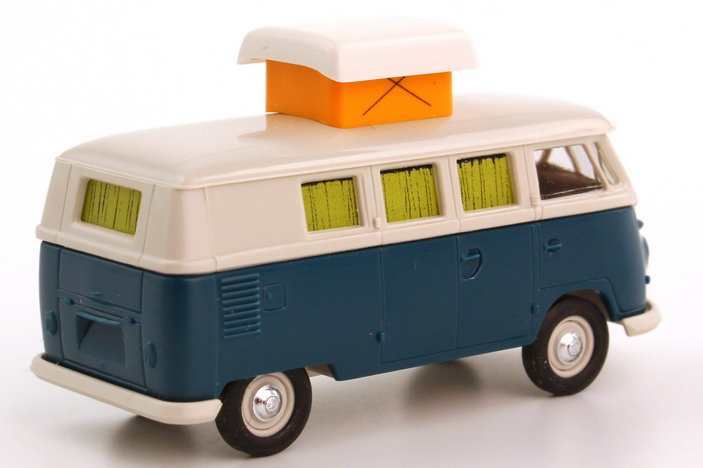 Foto 1:87 VW T1 (T1b) Camping-Bus Camper Hubdach ausgestellt petrol-blau/hellgrau Brekina 31513