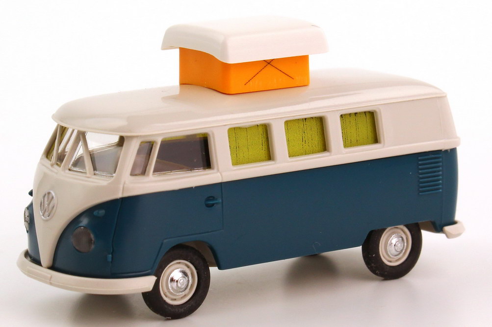 Foto 1:87 VW T1 (T1b) Camping-Bus Camper Hubdach ausgestellt petrol-blau/hellgrau Brekina 31513