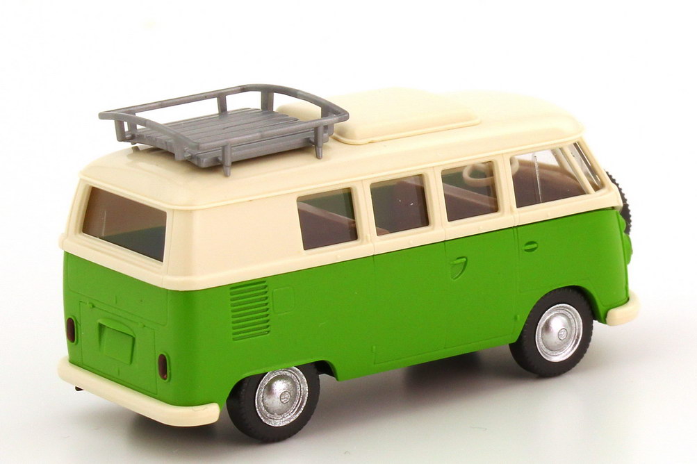 Foto 1:87 VW T1 (T1b) Camping-Bus mit Dachgepäckträger cremeweiß/grün Wiking 79736
