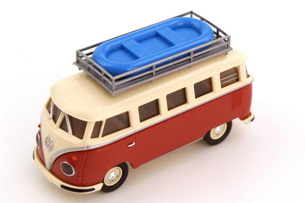 Foto 1:87 VW T1 (T1b) Mindersamba Bus siegellack-rot/beige mit Dachgepäckträger und Schlauchboot Brekina 31815
