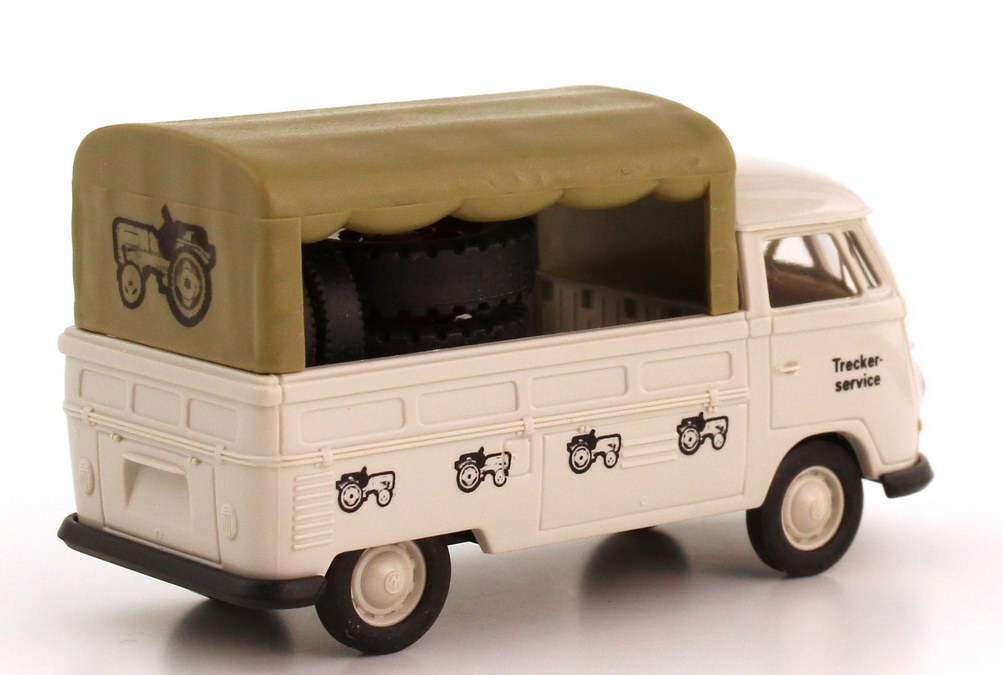Foto 1:87 VW T1 (T1b) Pritsche/Plane Trecker-Service mit Ladegut Unimog-Reifen Brekina 32819