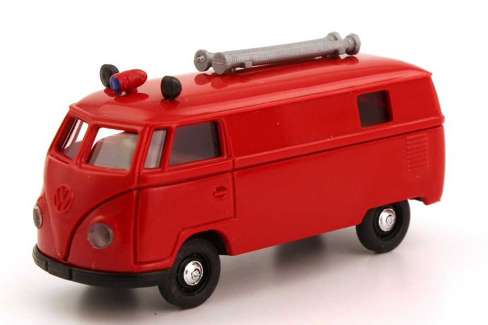 Foto 1:87 VW T1 (T1a) Kasten mit Seitenfenster und Rohre auf Dach Feuerwehr rot Brekina 90400